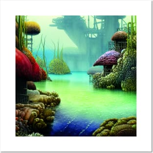 Landscape Painting with Tropical Plants and Lake, Scenery Nature Posters and Art